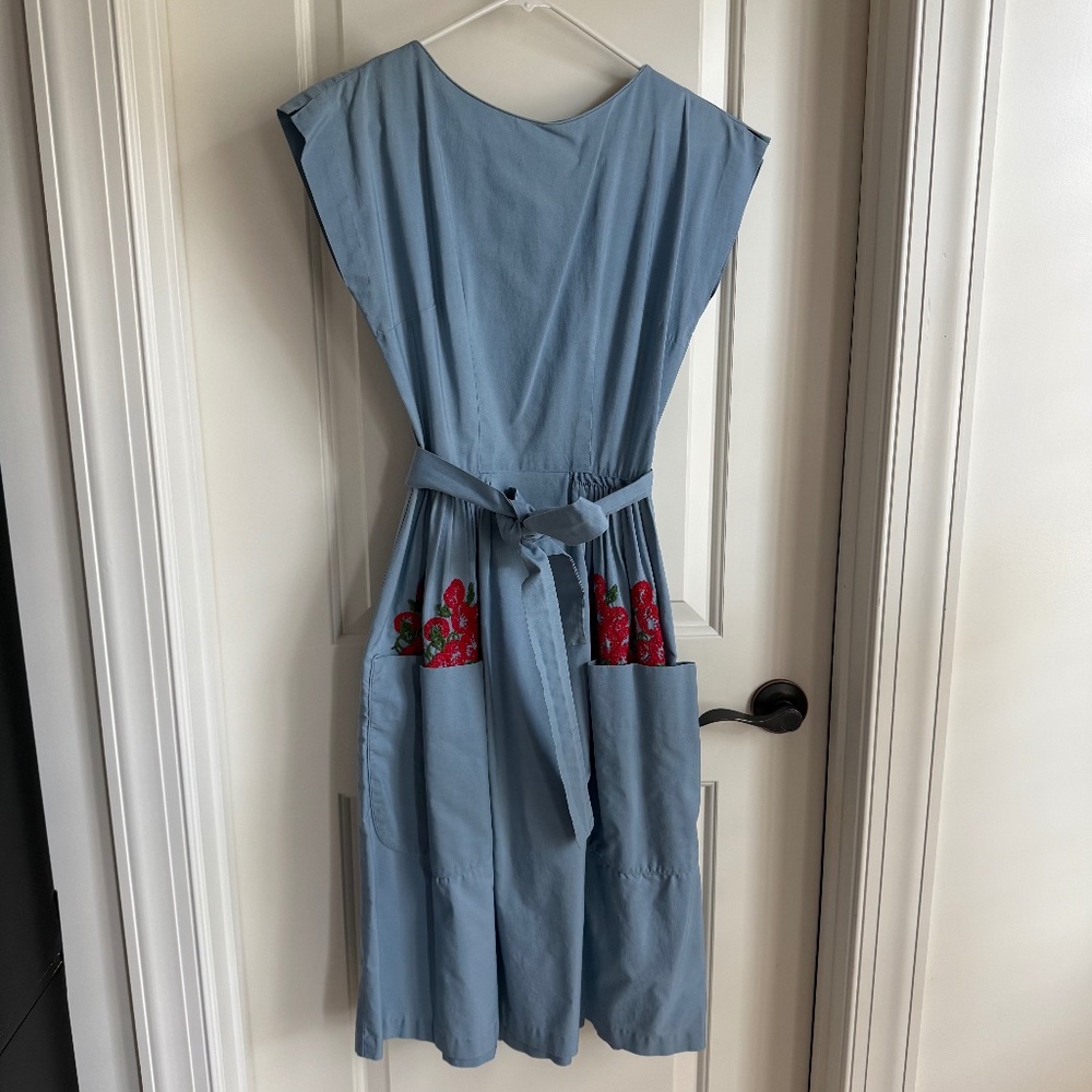 1950s Swirl Blue Wrap Dress with red embroidered flowers
